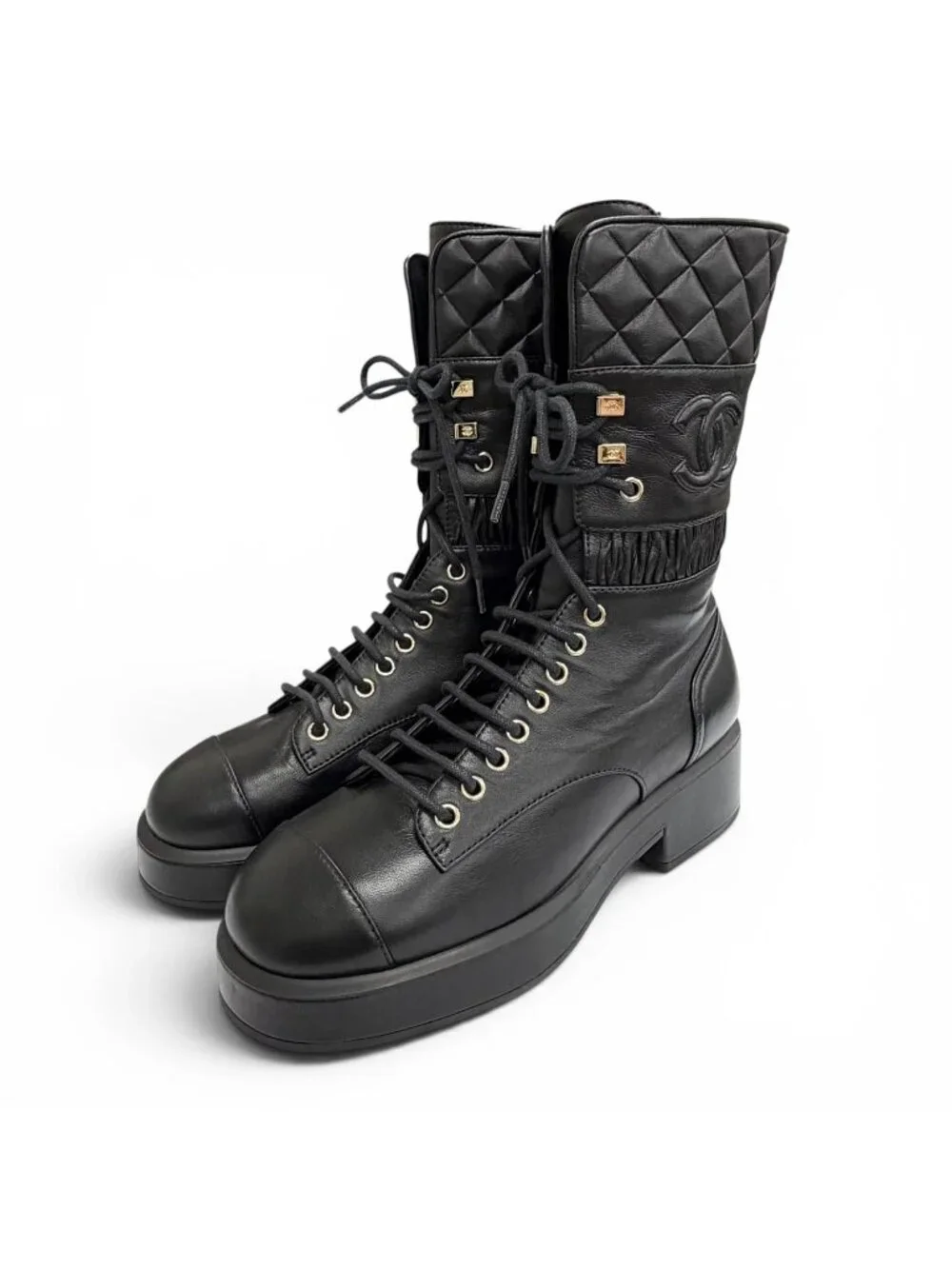 Chanel CC Logo Quilted Lace Up Leather Short Boots Black
